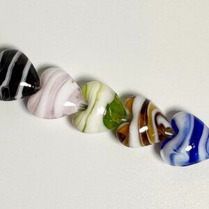 5 Glass Swirl Striped Heart Beads Black Pink Green Brown Blue
